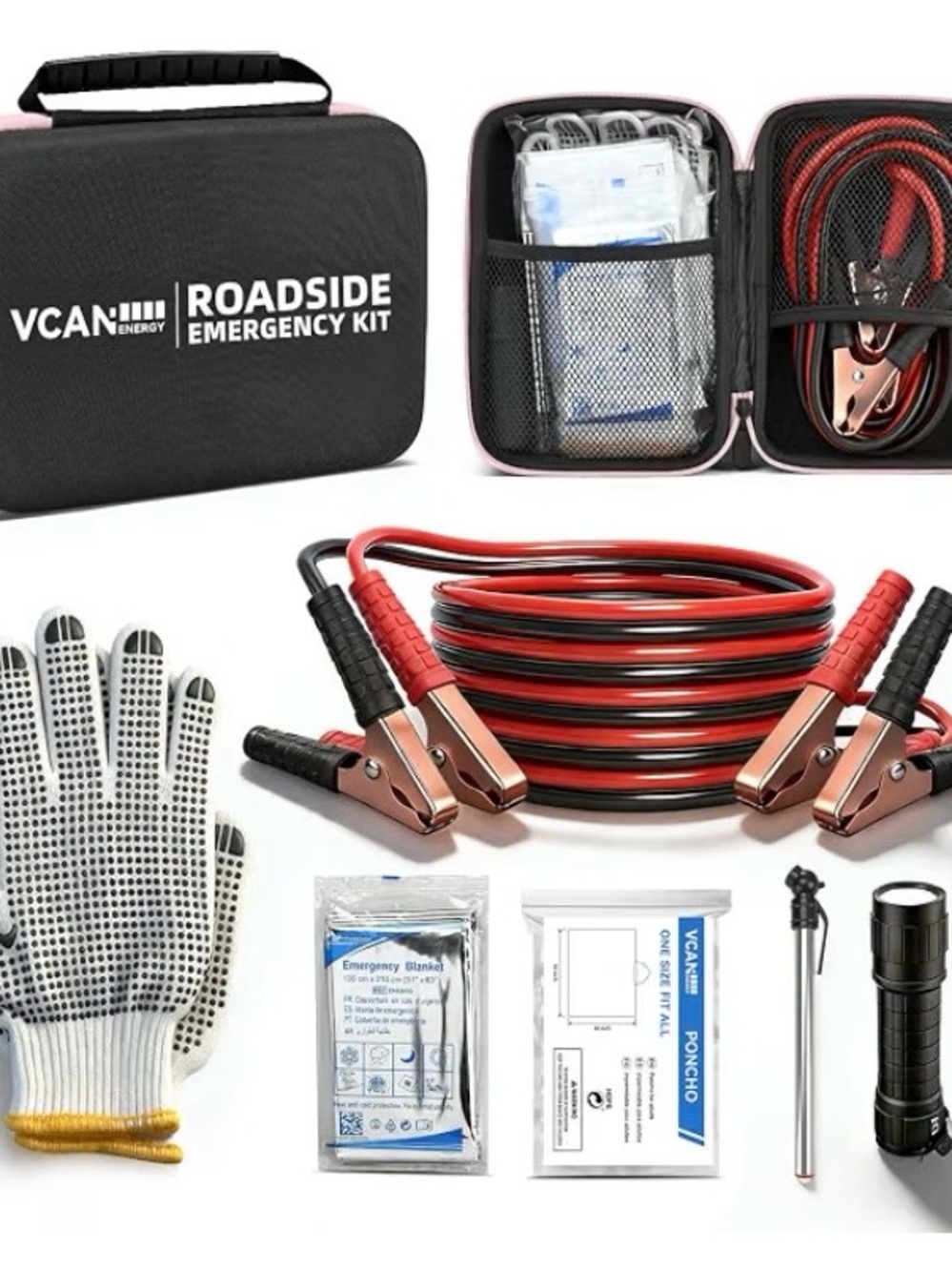 NEW Car Emergency Safety Kit Bag with Jumper Cables, Tire Pressure Gauge, Auto